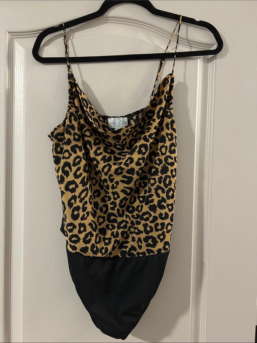 Cowl Neck Leopard Print Bodysuit - Black & Tan